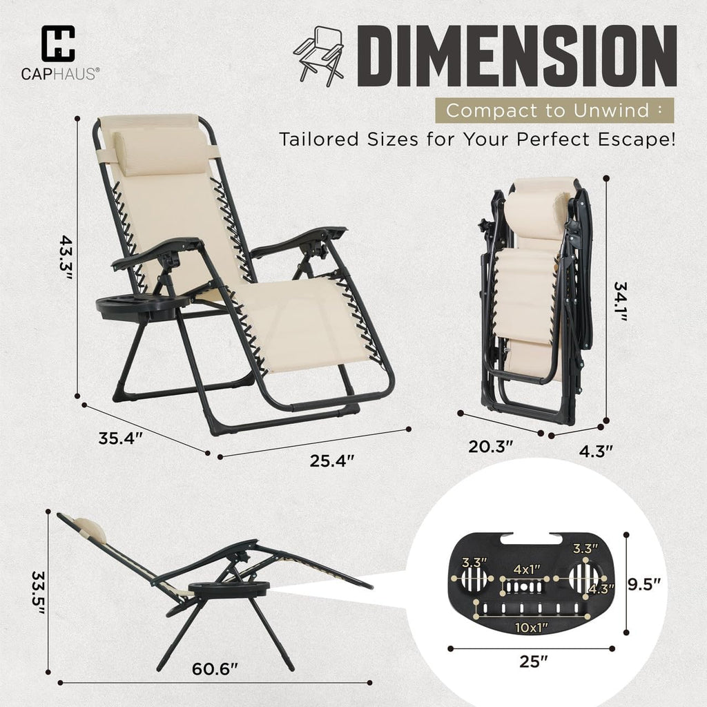 CAPHAUS Beige Zero Gravity Reclining Lounge Outdoor Chair, Zero Gravity Recliner, Anti-Gravity Chair for Indoor & Outdoor, Folding Reclining Chair w/Side Tray, Beige