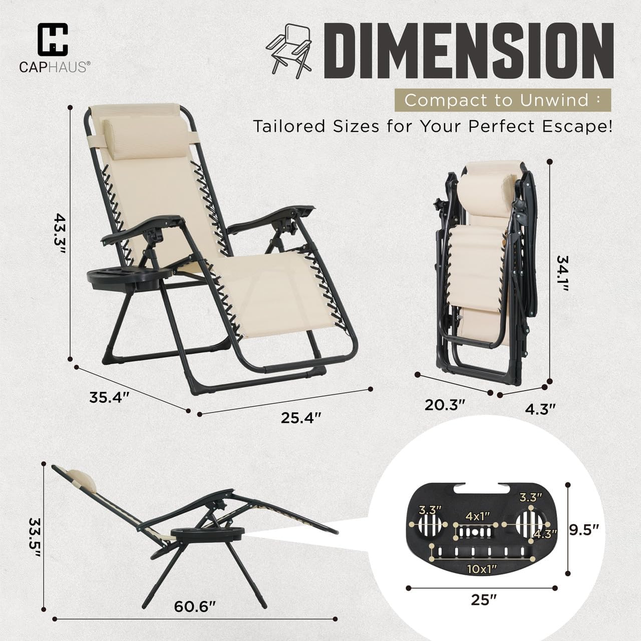 CAPHAUS Beige Zero Gravity Reclining Lounge Outdoor Chair, Zero Gravity Recliner, Anti-Gravity Chair for Indoor & Outdoor, Folding Reclining Chair w/Side Tray, Beige