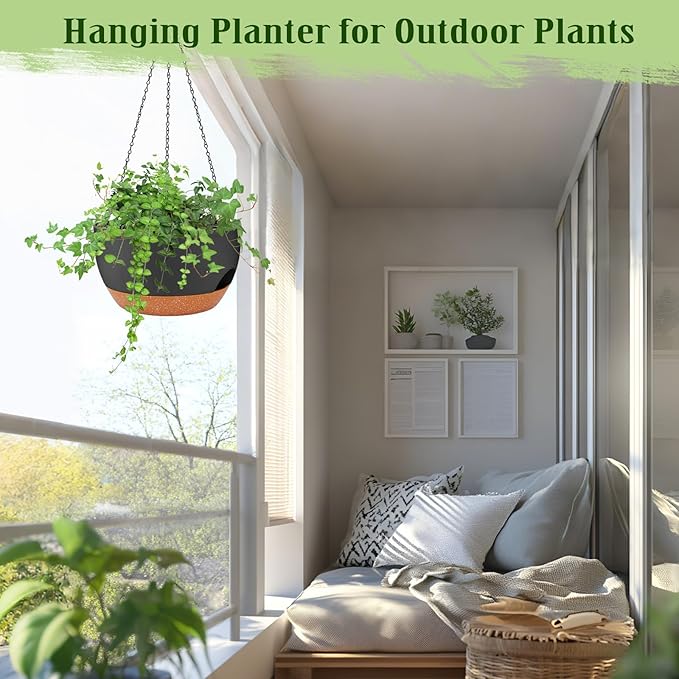 Hanging Planters for Outdoor Indoor Plants, 2 Pack 10 Inch Hanging Basket Plants Outdoor, Self Watering Hanging Planter with Plant Hanger for Garden Home Decoration (Black, 10 inch)