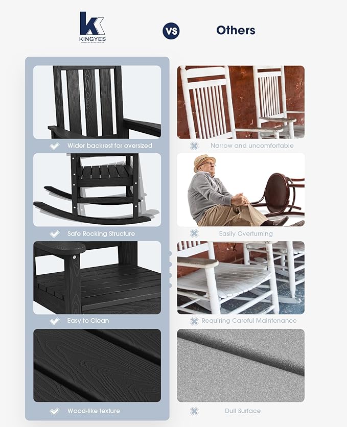KINGYES Oversized Outdoor Rocking Chair Set of 4, All-Weather Patio Rocking Chairs for Porch, HDPE Outdoor Patio Rockers with High Back & Wide Seat for Garden, Lawn, Black