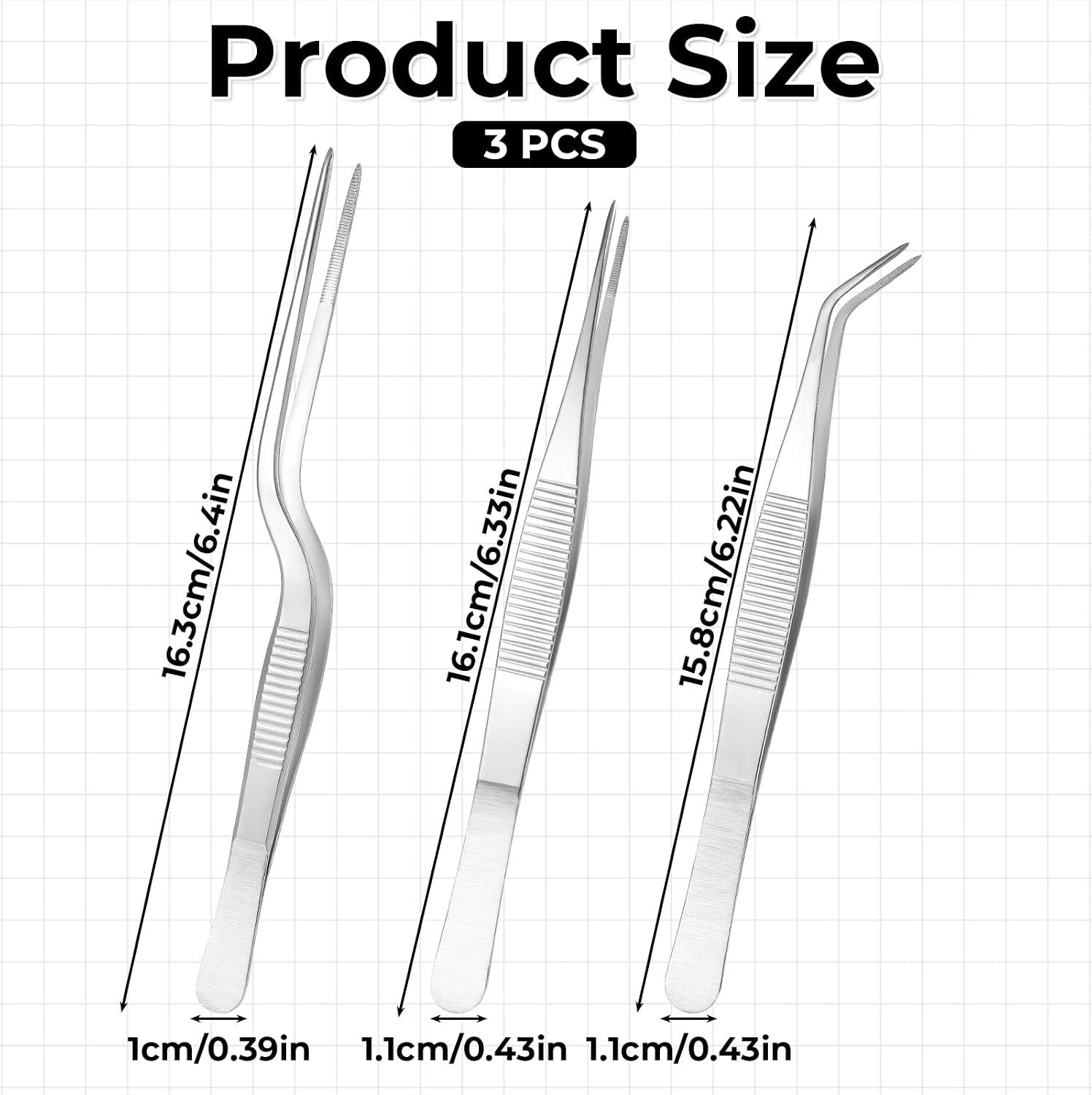 Garden Tweezers, 3 Pcs Stainless Steel Plant Tweezer Set Straight and Curved Precision Tweezers Multipurpose Bonsai Tools for Garden, Kitchen, Indoors and Outdoors (6.22Inch / 6.33Inch / 6.4Inch)