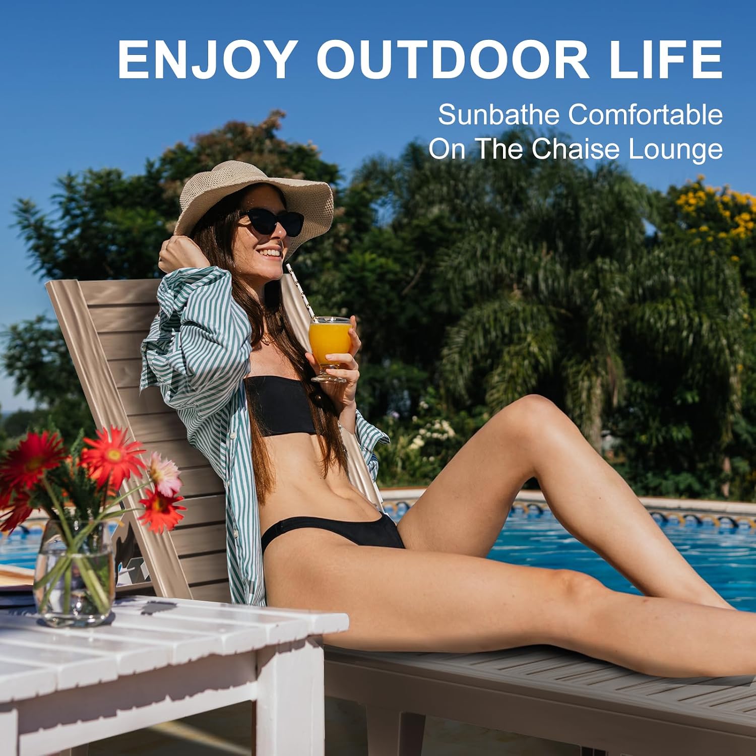 ROJIK Outdoor Chaise Lounge Chair, Single, Grey | 5-Position Adjustable Backrest, Waterproof & Lightweight, Durable Indoor/Outdoor, For Garden Pool Beach