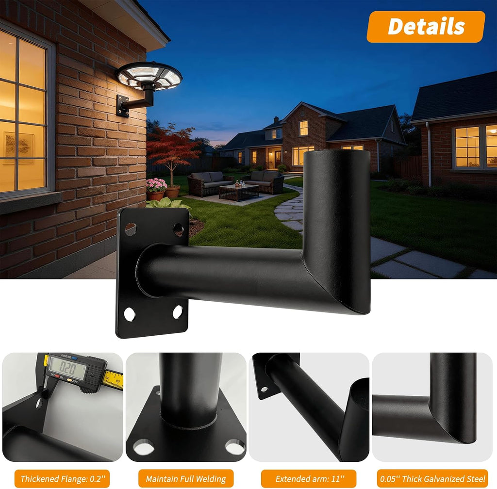 90 Degree Wall Light Mounting Bracket, 11" Arm, 2-3/8" OD Tenon | Galvanized Steel, 0.2" Flange, 0.05" Tube, Full Welds, Slim 3.9" Base, Concrete/Wood Hardware and Drilling Template Included