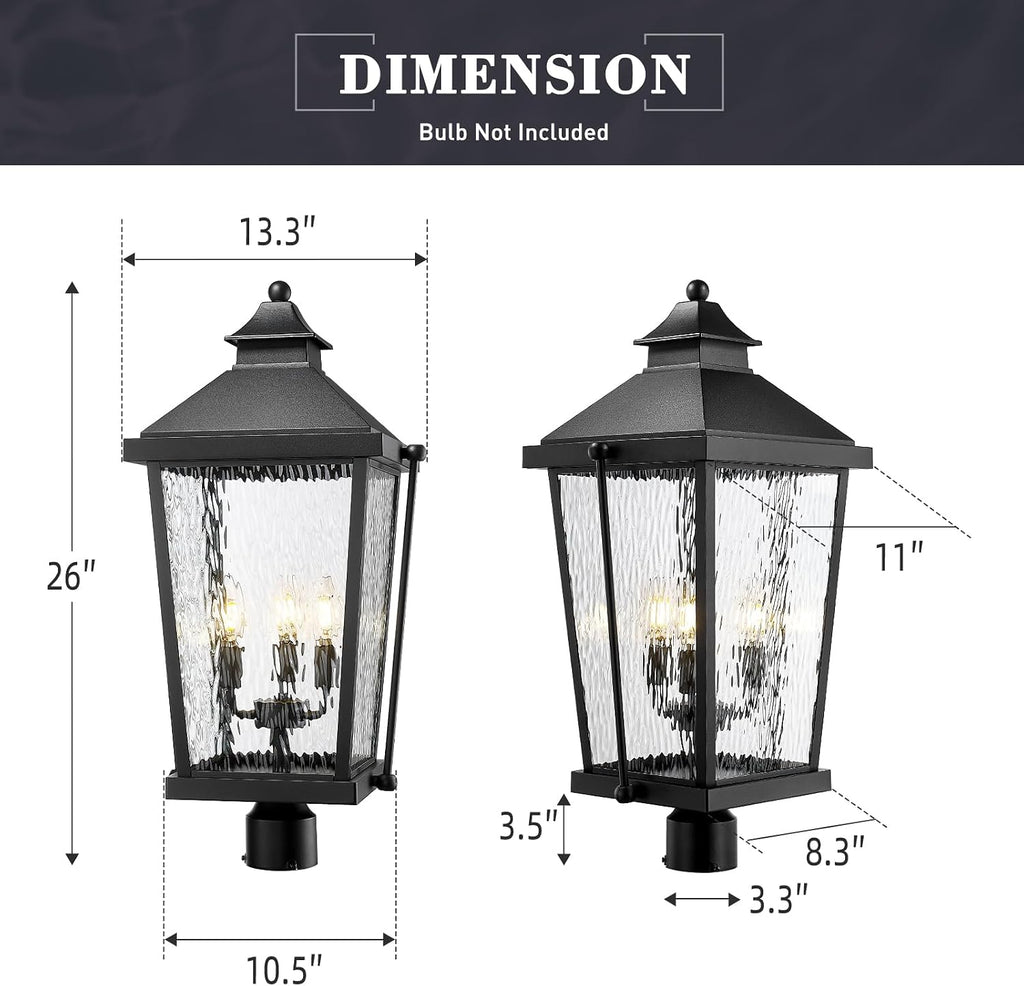 zeyu 26 Inch Outdoor Post Lights, 3 Light Lamp Post Light Fixture Hardwired, Large Waterproof Lamp Pillar Fixtures for Pathway, Water Ripple Glass Shade, Black Finish, ZW105P-L BK-SW