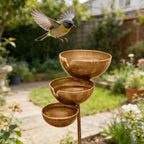3-Tier Rain Catcher Garden Stake, Antique Bronze Metal Bird Bath & Feeder Bowls, Adjustable Height Cascading Water Station for Outdoor Yard, Lawn, Flower Bed Decor & Wildlife Pollinator Oasis