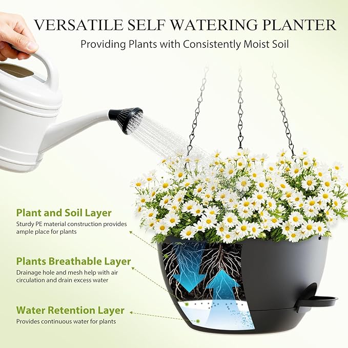 12 Inch Hanging Baskets 2 PC with Chains, Self-Watering Hanging Planters for Indoor Outdoor Plants, Plastic Hanging Flower Pots,Black