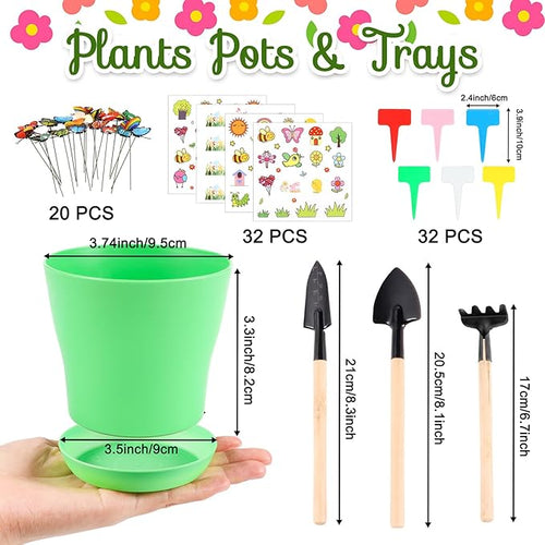 32 Set Garden Plastic Pot Craft Kit DIY Flower Plant Crafts Nursery Pots with Stickers Flower Planting Growing Kit for Spring Summer Home Classroom School Creative DIY Art Project Activities