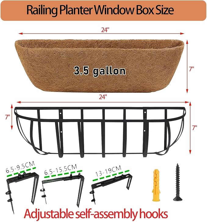 16'' Window Box Railing Planter with Coco Liner,4 Pack Horse Trough Planters Black Metal Hanging Flower Planters Basket for Porch Fence Patio Indoor Outdoor Lawn
