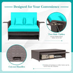 Nightcore Wicker Patio Outdoor Daybed, Outdoor Chaise Lounger w/ 4-Level Adjustable Backrest, Retractable Side Trays, Storage Ottoman, Comfortable & Removable Cushions, Rattan Loveseat (Turquoise)
