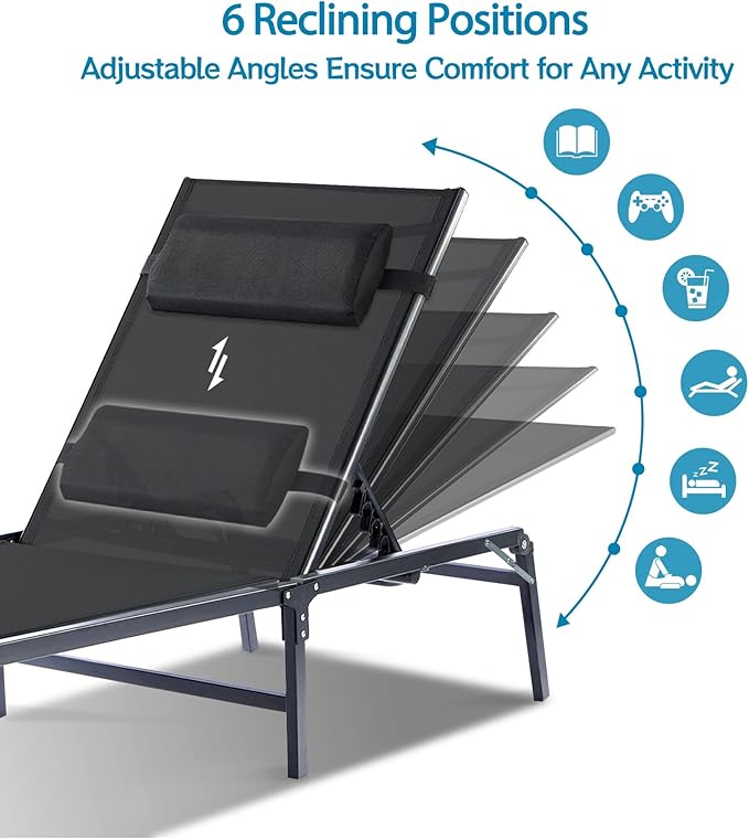 4 Pack Foldable Chaise Lounge Chair with Cup Holder, Assemble-Free Outdoor Lounge Chair with Detachable Pillow and 6 Adjustable Backrest, Patio Lounge Chair for Outside Poolside Beach Pool, Black