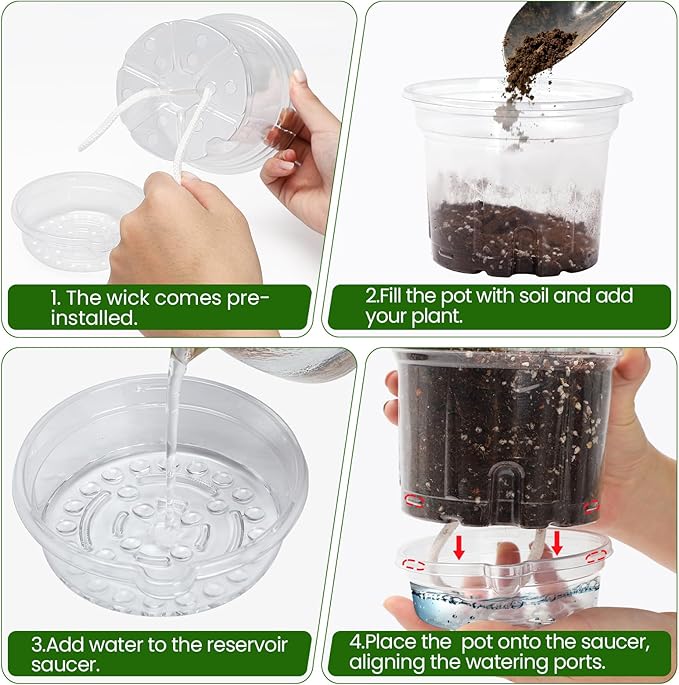MIXC 12 Packs 6.5 Inch Self Watering Pots for Indoor Plants - Clear Nursery Plant Pots with Drainage, Deep Visible Reservoir - Flower Planter Outdoor with Wicking Rope