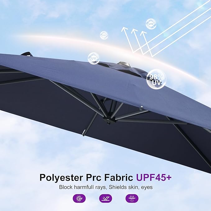 PURPLE LEAF 8' X 8' Patio Umbrella for Pool 7' High Offset Outdoor Cantilever Umbrella Swimming Pool Umbrella with 360°Rotation for Poolside Navy Blue