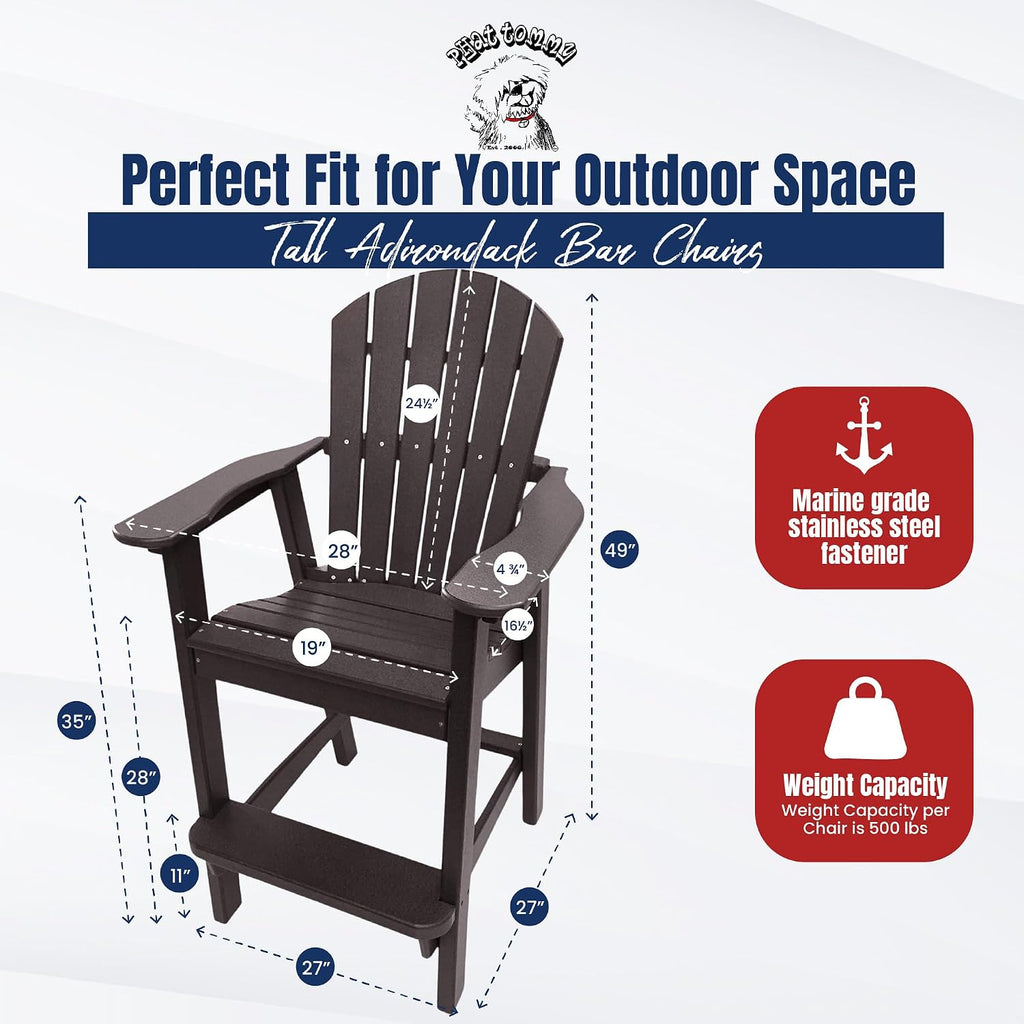 Tall Adirondack Chair - HDPE Outdoor Furniture - Poly Adirondack Bar Stool - Heavy, Stress Free Furniture for Balcony, Deck, Patio, Front Porch, Brown