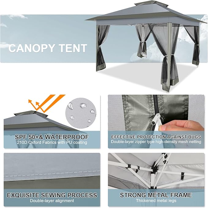 COBIZI 12x12 FT Pop up Gazebo on Clearance Outdoor pop up Canopy Tent,carpas para Patio, Shelter Tents with Sandbags & Portable Carry Bag, Patio Gazebos for Camping, Garden & Lawn, Darkgrey(Upgraded)