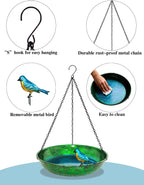 Hanging Bird Bath for Outside, 11” Metallic Green & Blue Metal Birdbath Bowl & Feeder with Black Chain Outdoor Garden Yard Decor (0.5 Gallon)