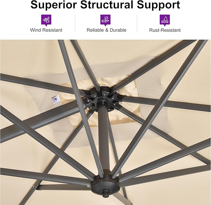 PURPLE LEAF 10 Feet Patio Umbrella with Base and Cover Round Outdoor Cantilever Umbrella Aluminum Offset Umbrella with 360-degree Rotation for Garden Deck Pool Patio Beige