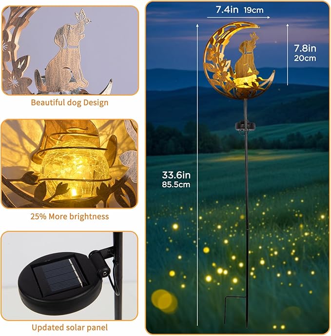 Lights Outdoor Decor Dog - Moon & Bird SolaGardenLights Waterproof, Auto On/Off Pathway Lighting for Yard/Lawn/Patio, Handcrafted Metal Solar-Stake-Lights for Outside Decorations