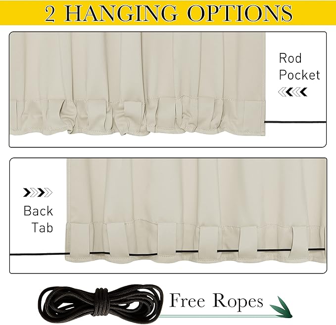 NICETOWN 2 Panels Outdoor Curtains for Patio Waterproof & Windproof, Thermal Insulated Top & Bottom Grommet & Back Tab Light Block Outdoor Drapes with Bouns Rope for Fixed, Beige, W84 x L84