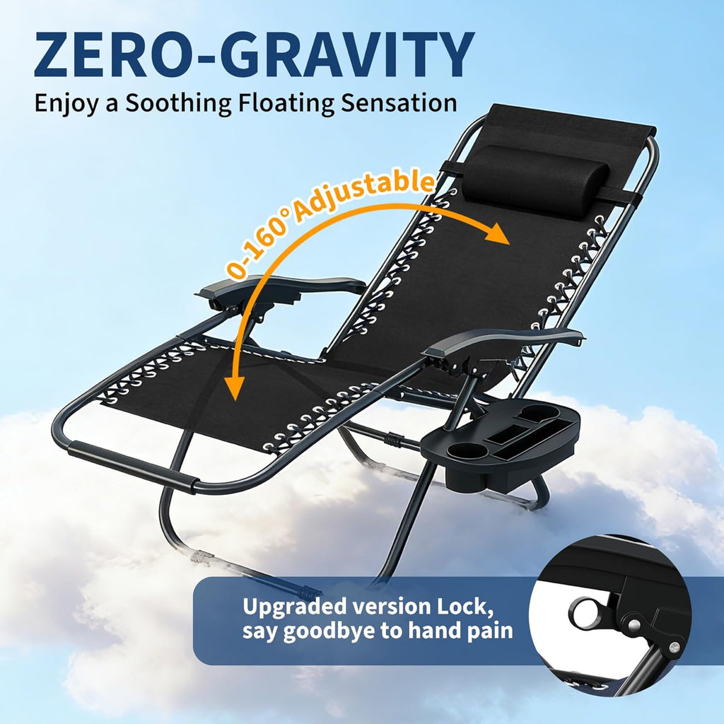 Garvee Zero Gravity Chair Set of 2, Adjustable Patio Lounge Chair | W/ Pillow, Cup Holder Tray & Upgraded Lock, Folding Portable Camping Chair for Deck, Beach, Yard, Garden;No Assembly
