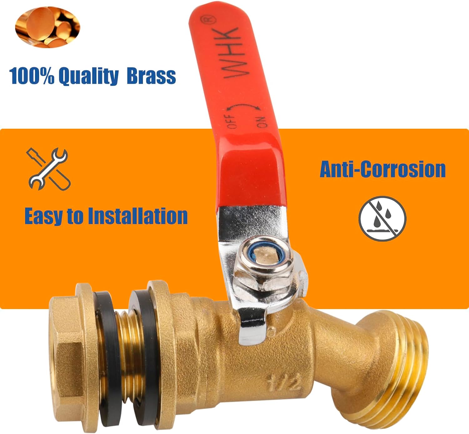 WHK Rain Barrel Spigot Kit-Water Bucket Spigot Faucets-Water Spout Spigot | for 5/50/55 Gallon Bucket, Rain Barrel Water Container WaterTank,1/4 Turn with Long Handle(Brass)
