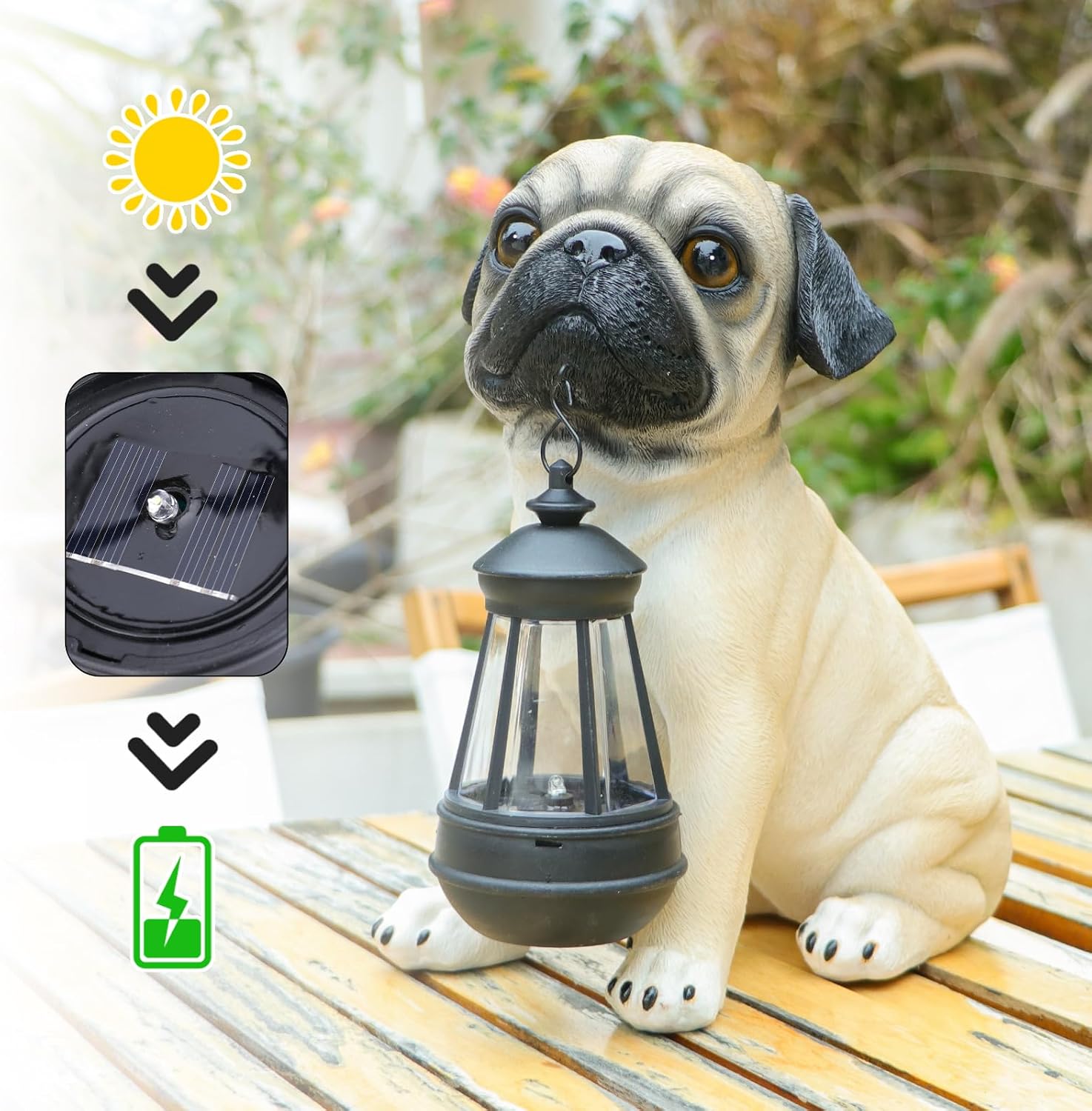 Solar Dog Garden Statues, Pug Garden Statue with Lantern Lights Outdoor | Pug Gifts for Pug Lovers, Dog Figurines with Warm Glow for Indoor Patio, Lawn, Yard Art Decoration and Garden Gift for Mom