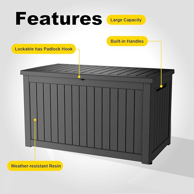 260 Gallon Outdoor Deck Box, Lockable Waterproof Outdoor Storage Boxes For Garden Tools,Indoor Cushions,Accessories Outside Storage Resin Weatherproof Container(Black)