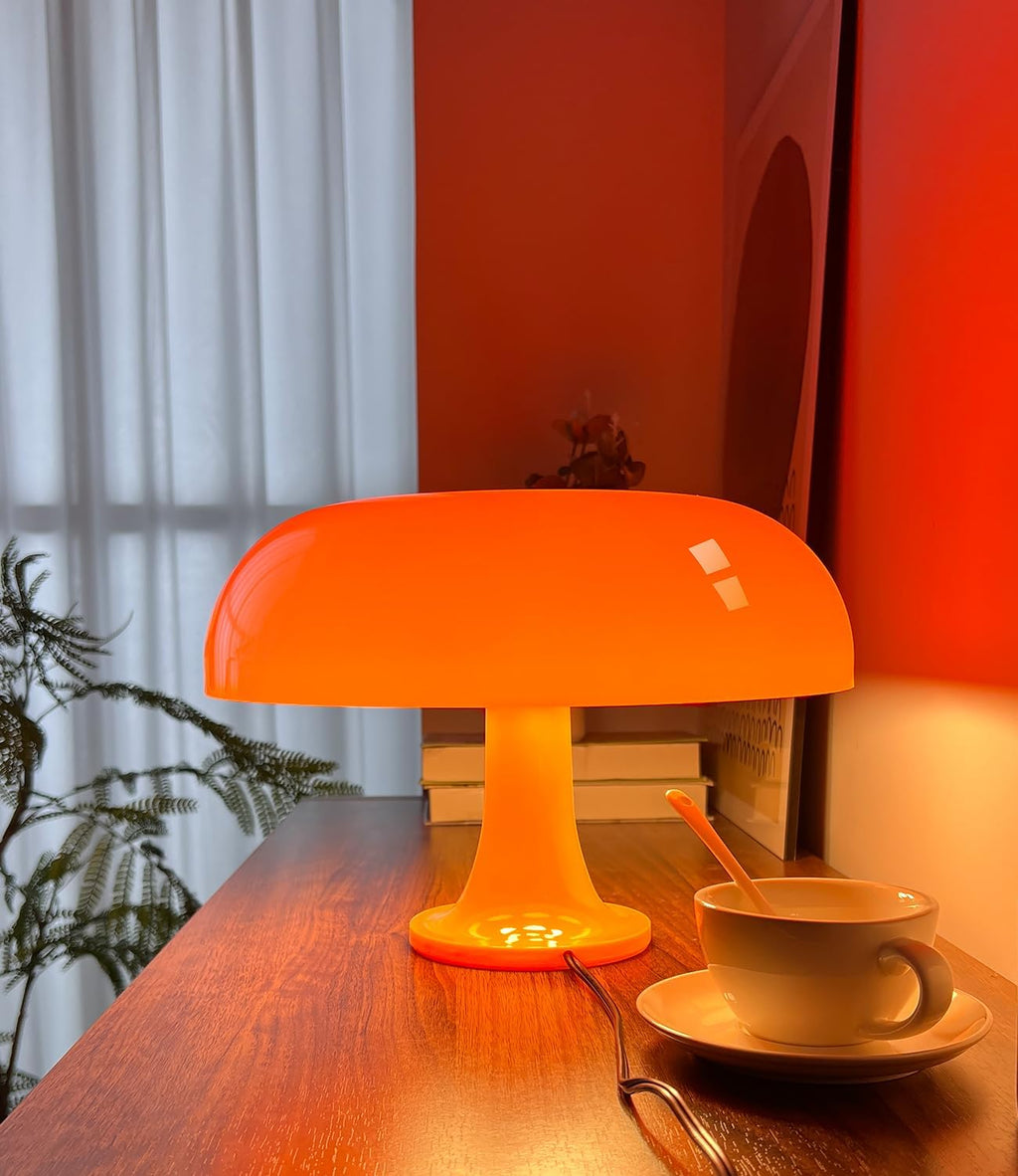 orange mushroom lamp, mid century modern table lamp shown in use