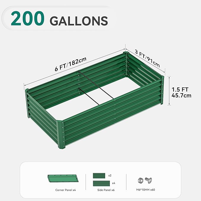 YITAHOME 72x36x18 in 2pcs Galvanized Raised Garden Bed Kit, Large Metal Planter Box with Gloves & Support Rod, Outdoor Flower Bed for Plants Vegetables, Green