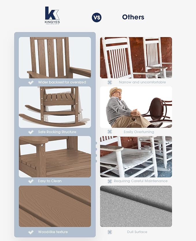 KINGYES Oversized Outdoor Rocking Chair Set of 8, All-Weather Patio Rocking Chairs for Porch, HDPE Outdoor Patio Rockers with High Back & Wide Seat for Garden, Lawn, Brown