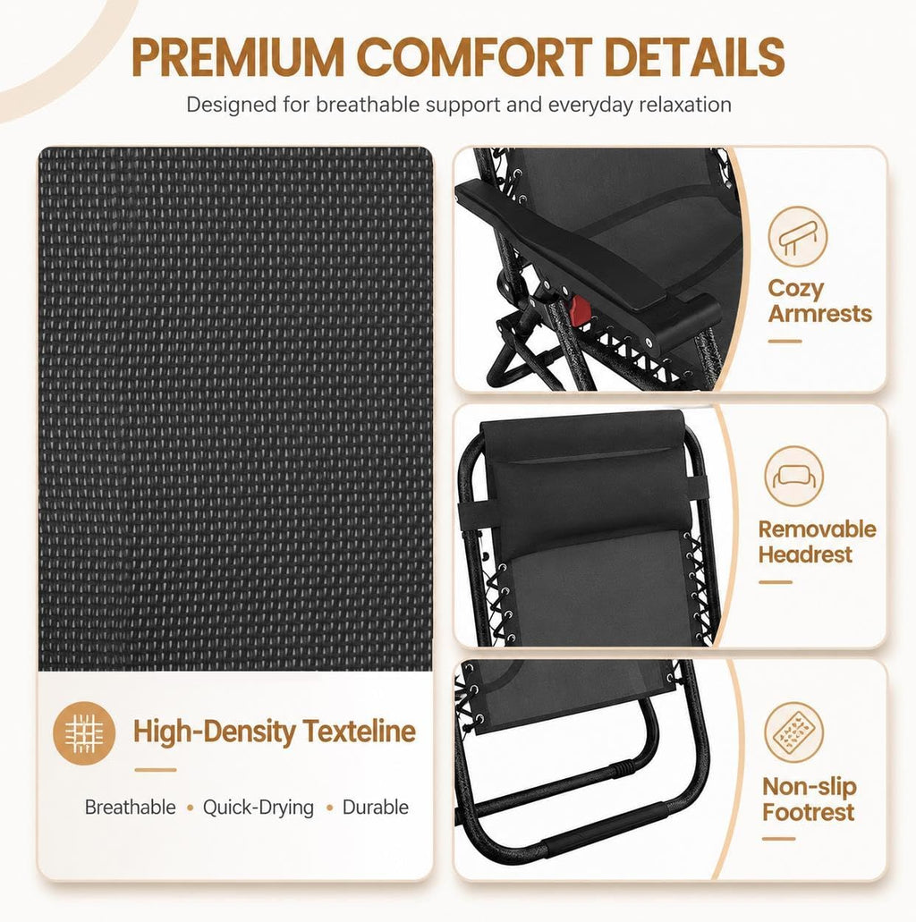 Yaheetech 26" Zero Gravity Recliners Adjustable Set of 2, Dark Black | Outdoor Folding Reclining Lounge Chairs w/Pillows, Cup Holder Trays and Carry Strap for Camping, Backyard, Beach, Indoor