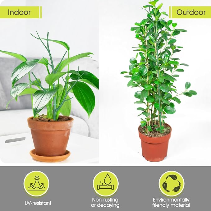 6 Pack Plant Support Stakes for Indoor Plants, 27.56 Inch Twig Plant Sticks with Orchid Clips Twist Ties and Plant Ties for House Potted Plants and Flower, Plastic Branches Support Structures, Green