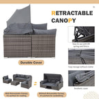 HOMREST 6 Pieces Patio Furniture Sets, Outdoor Daybed with Canopy, Rattan Outdoor Sectional Sofa Set with Adjustable Backrest, Chaise Chair Sunbed for Garden Poolside Backyard（Gray）