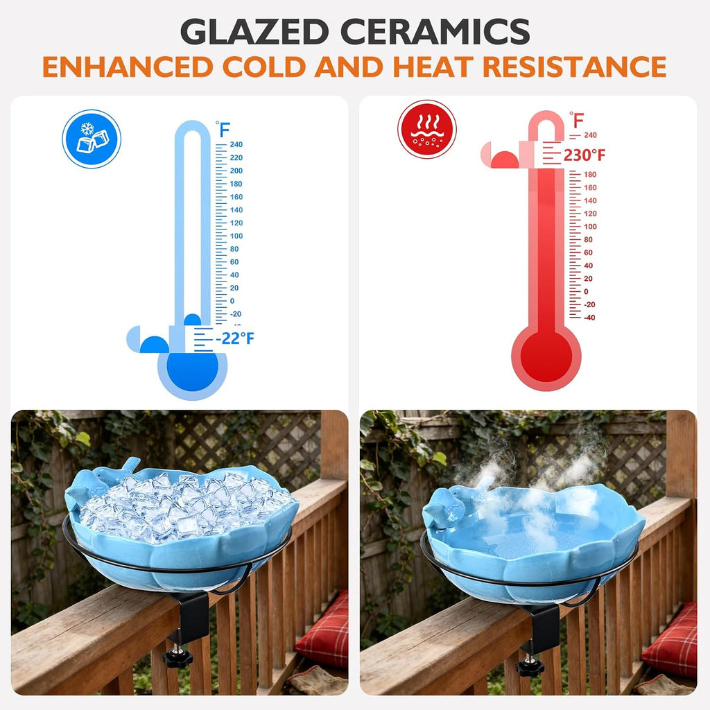 Glazed Ceramic Bird Bath for Deck Railing, 11 Inch Outdoor Deck Mounted Bird Baths Feeder Bowl with Adjustable Clamp, Easy Install Balcony Patio Birdbath for Outside Backyard Decoration, Blue