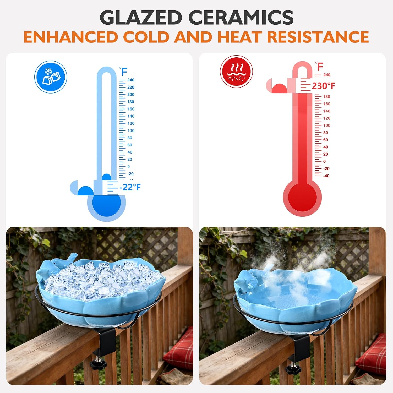 Glazed Ceramic Bird Bath for Deck Railing, 11 Inch Outdoor Deck Mounted Bird Baths Feeder Bowl with Adjustable Clamp, Easy Install Balcony Patio Birdbath for Outside Backyard Decoration, Blue
