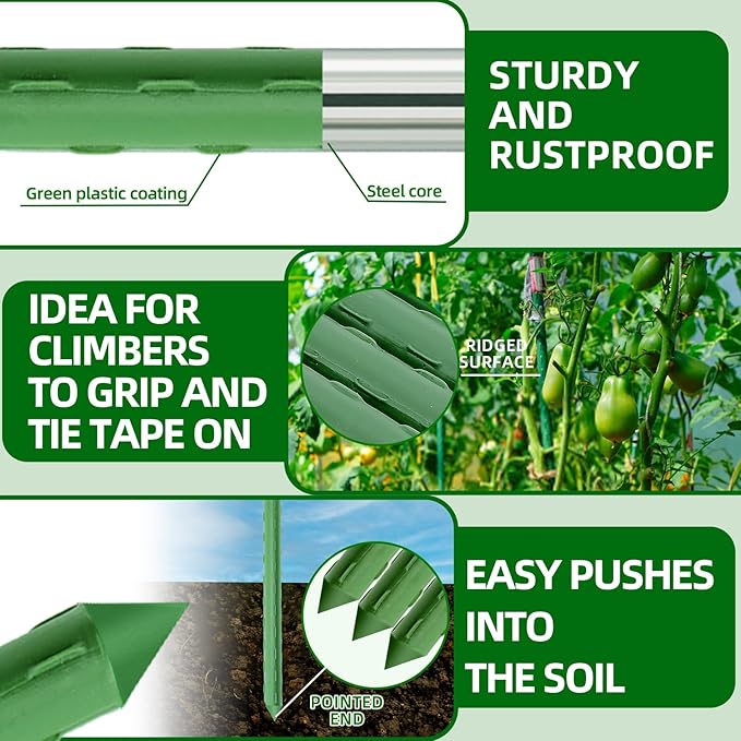 Garden Stakes 16 Inch 30 Pack, Diy 4ft 5ft 6ft 7ft 8ft Tomato Stakes Plastic Coated Metal Plant Sticks Stakes Supports with 20 Connectors 15 Rotatable Clips for Indoor Outdoor Plants Vegetable