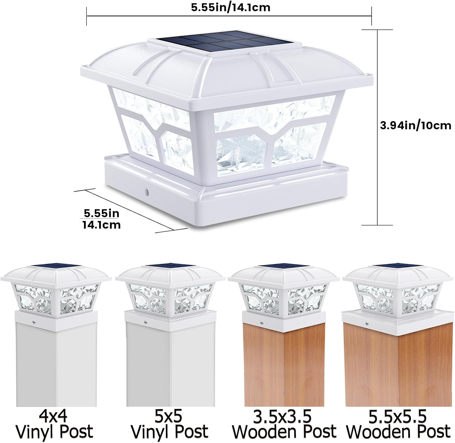 SIEDiNLAR Solar Post Cap Lights Outdoor 2 Modes, 4 Pack, White, Warm/White | Fence Post Lights, 8 LEDs for 4x4, 5x5 & 6x6 Vinyl/Wood Posts, Solar-Powered Waterproof for Patio, Deck, Garden & Yard Decor