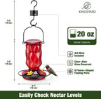 Kingsyard Glass Hummingbird Feeder for Outdoors Hanging, 20 oz Leak-Proof Wild Bird Nectar Feeders with 9 Bee Guard Ports & Ant Moat, Garden Yard Art Decor Gifts for Mom, Red