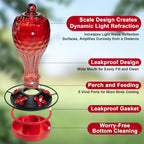 Glass Hummingbird Feeder, Red, 20 OZ | Hand-blown hummingbird feeder for outdoor hanging, reflective fish-scale design, leak-proof seal, ant moat, garden decor