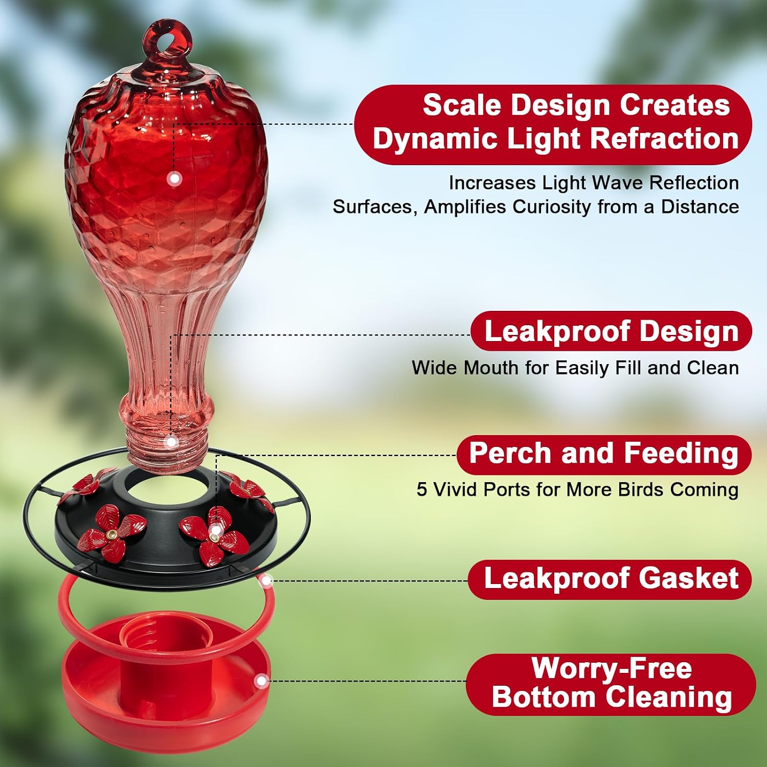 Glass Hummingbird Feeder, Red, 20 OZ | Hand-blown hummingbird feeder for outdoor hanging, reflective fish-scale design, leak-proof seal, ant moat, garden decor