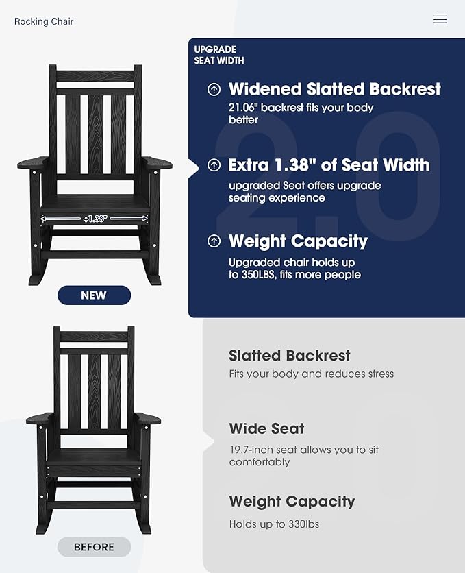 KINGYES Oversized Outdoor Rocking Chair Set of 8, All-Weather Patio Rocking Chairs for Porch, HDPE Outdoor Patio Rockers with High Back & Wide Seat for Garden, Lawn, Black