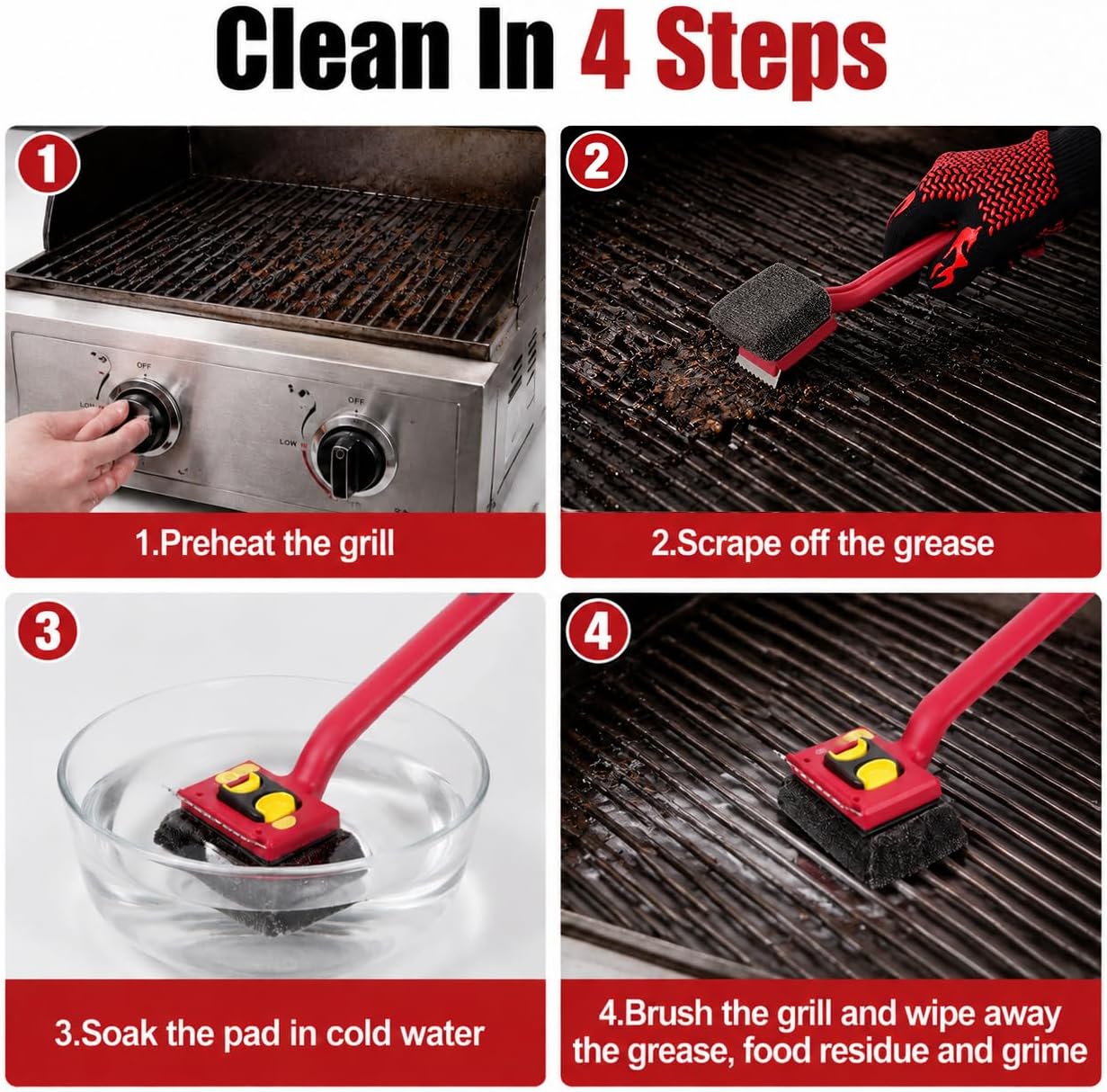 Grill Brush Bristle Free with Scraper and 2 Replacement Heads | grill cleaning brush,grill cleaner brush,grill brush for outdoor grill,grill rescue brush with heat resistant gloves