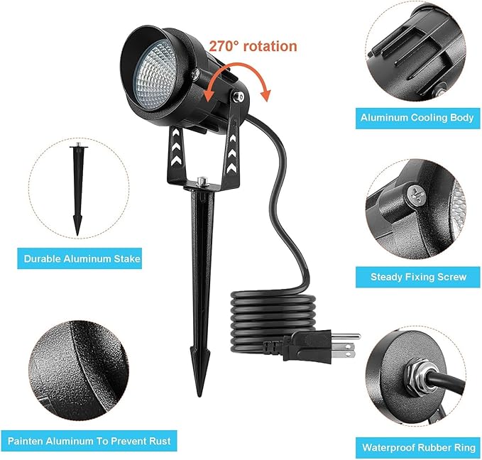 Warm White Spot lights Outdoor, 12W 3000K Landscape Spot Lights, IP65 Waterproof Garden Lighting, Metal Case COB LED Lights for Lawn Lamp US 3- Plug Yard Christmas Decoration with Stakes(2 Pack)