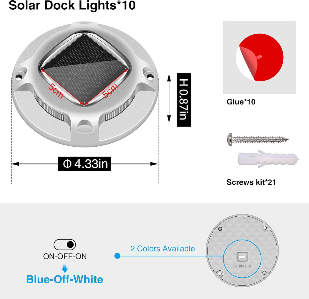 Solar Driveway Lights - 10 Pack, IP68 Waterproof, 2 Color Modes (Blue/White) for Step, Sidewalk, Pathway, Patio, Garden