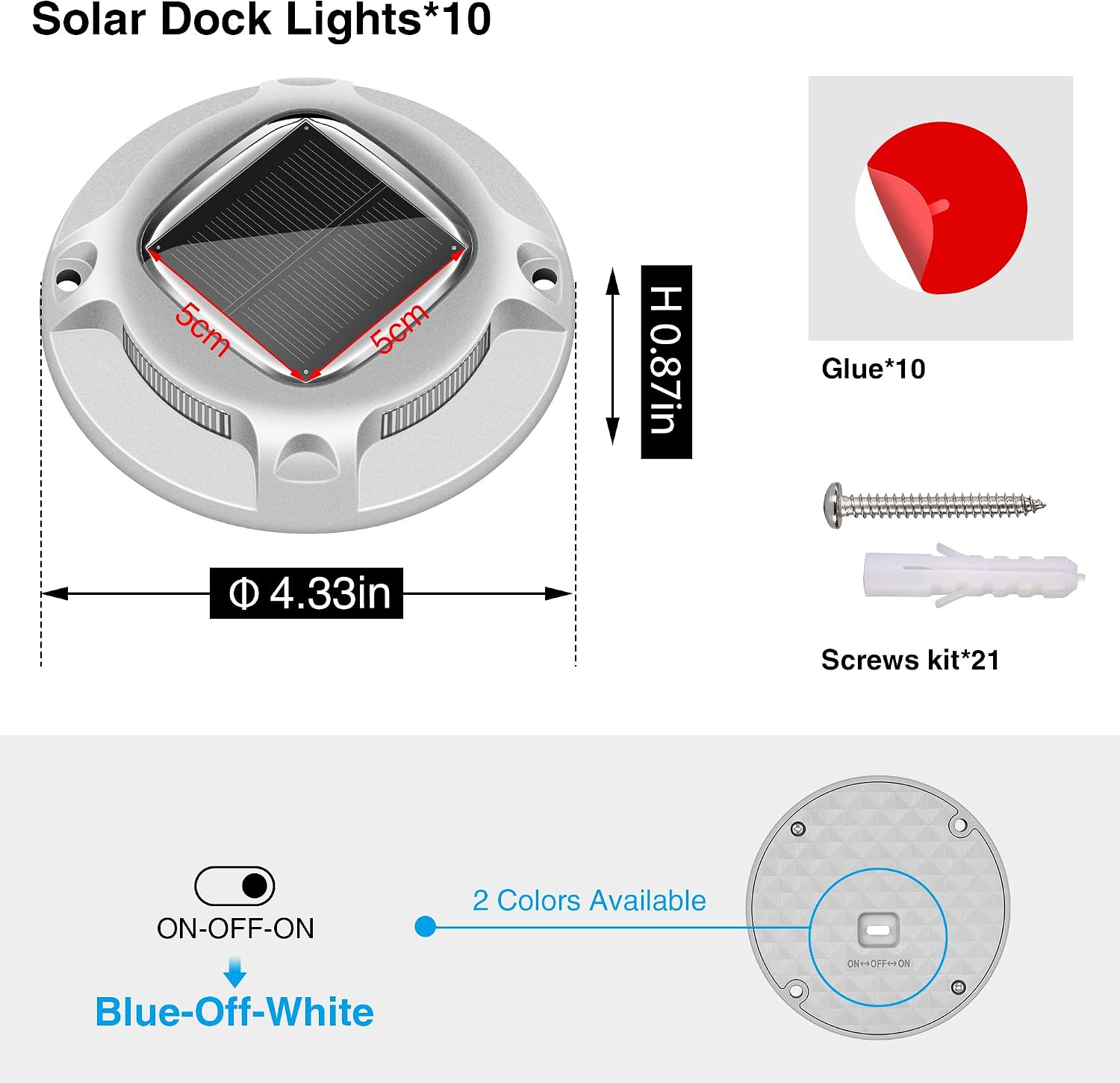 Solar Driveway Lights - 10 Pack, IP68 Waterproof, 2 Color Modes (Blue/White) for Step, Sidewalk, Pathway, Patio, Garden