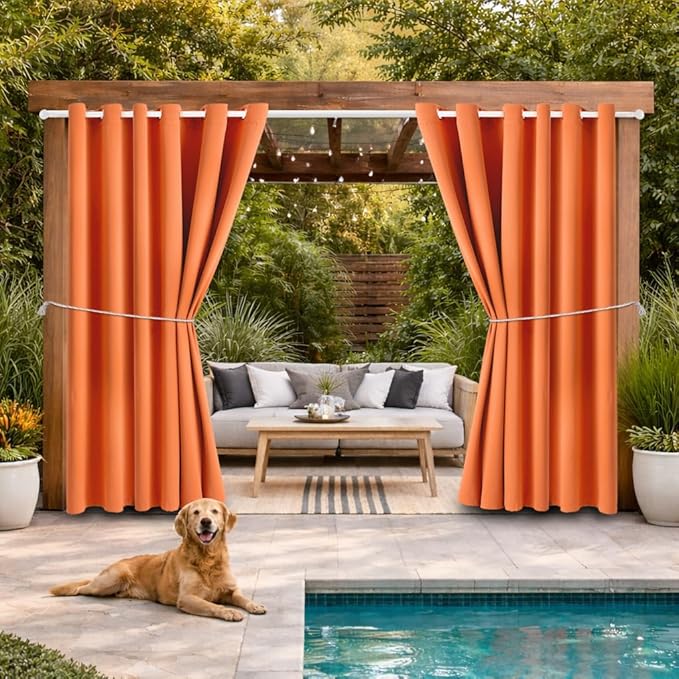DIVA EN CAMINO DEC Outdoor Patio Curtain Waterproof Darkening Thermal Insulated Indoor Curtains for Bedroom, Porch, Living Room, Pergola, Cabana, W84 x L108, Orange, Set of 2 Panels