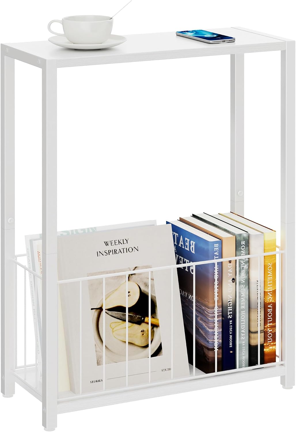 Homleke Narrow Side Table with Magazine Holder, Skinny End Table Perfect for Small Spaces, Space-Saving Design for Living Room, Bedroom, or Office, 7.1" D x 16.9" W x 23.6" H, White
