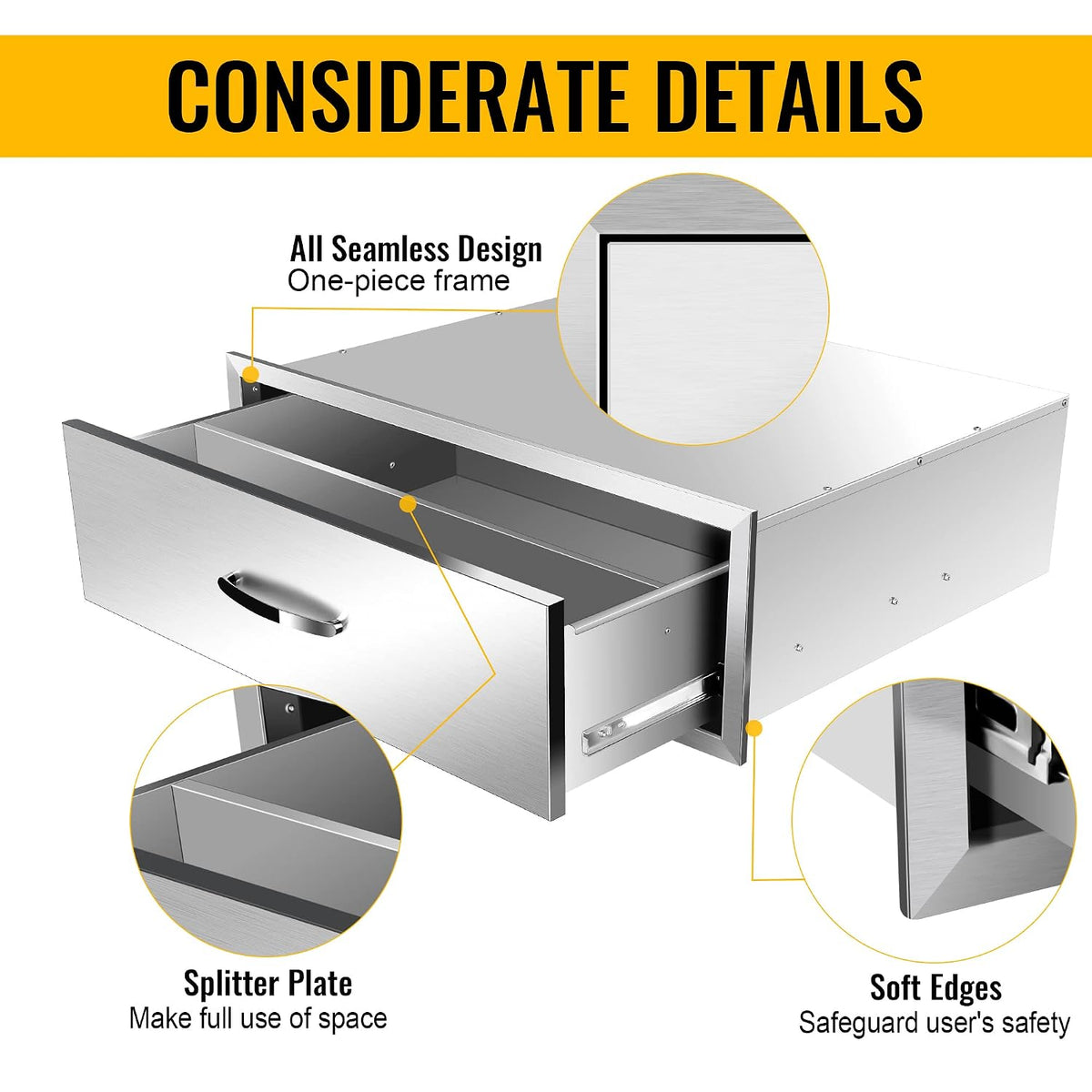 outdoor kitchen single drawer bbq drawer stainless steel, side view