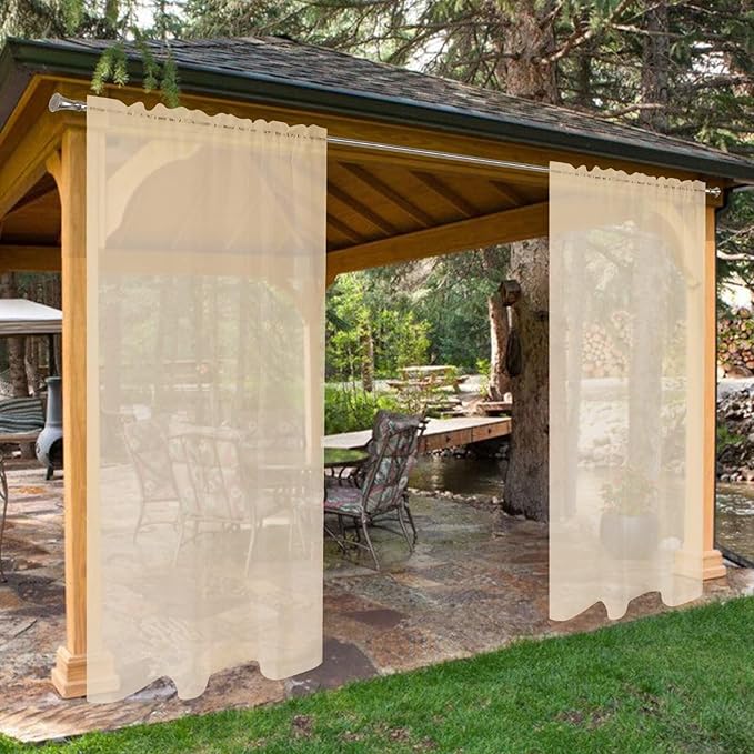 SpaceDresser Waterproof Outdoor Sheer Curtains for Patio - 4 Panels Rod Pocket Indoor Voile Sheer Curtain for Living Room,52W x 120L inch,Beige