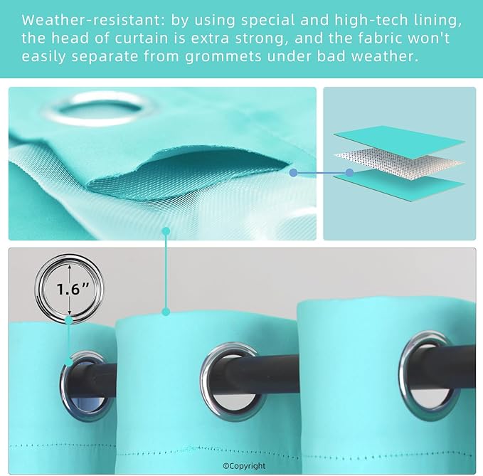 Waterproof Outdoor Curtain W105 x L95 - Grommet Top Sunlight Blocking Window Treatment Drapes Blackout Curtains for Home Bedroom Living Room Outdoor Patio Porch Pergola Cabana Gazebo (Teal Blue)