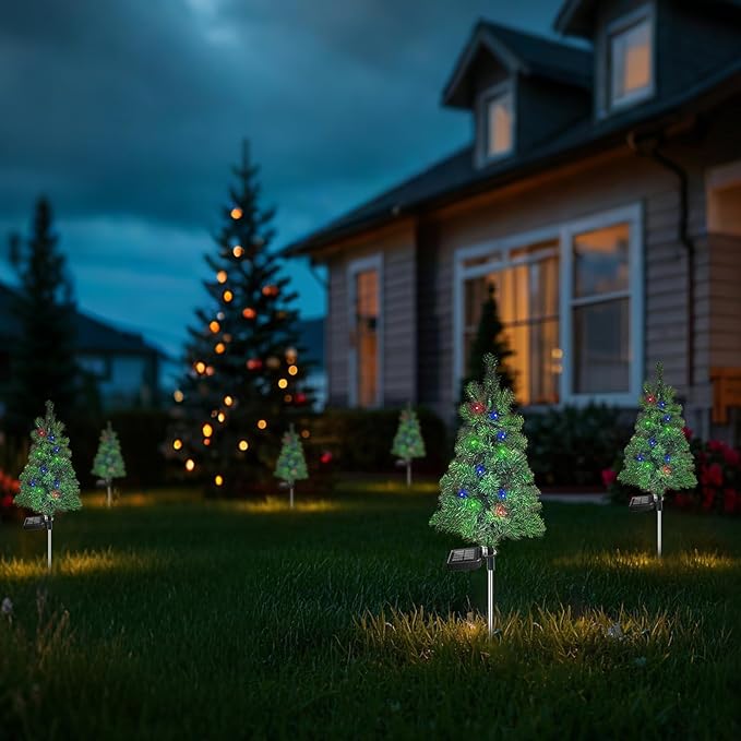 Solar Christmas Tree Garden Stake Lights Outdoor Waterproof Pathway Lights Xmas Tree Light for Lawn Patio Yard Front Porch Christmas Decor 2pcs